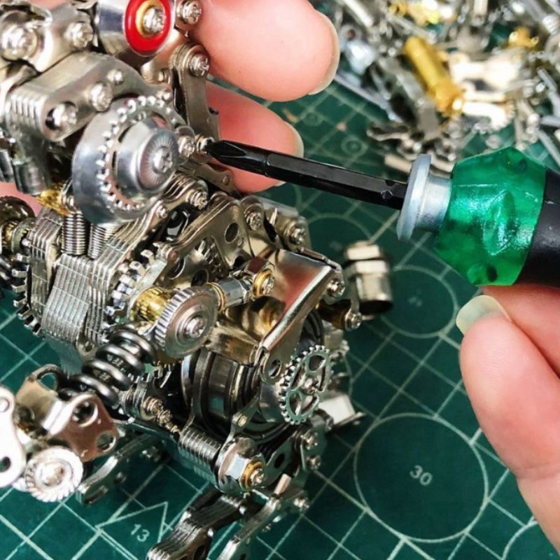 Screw-and-nut metal model assembly with small tools